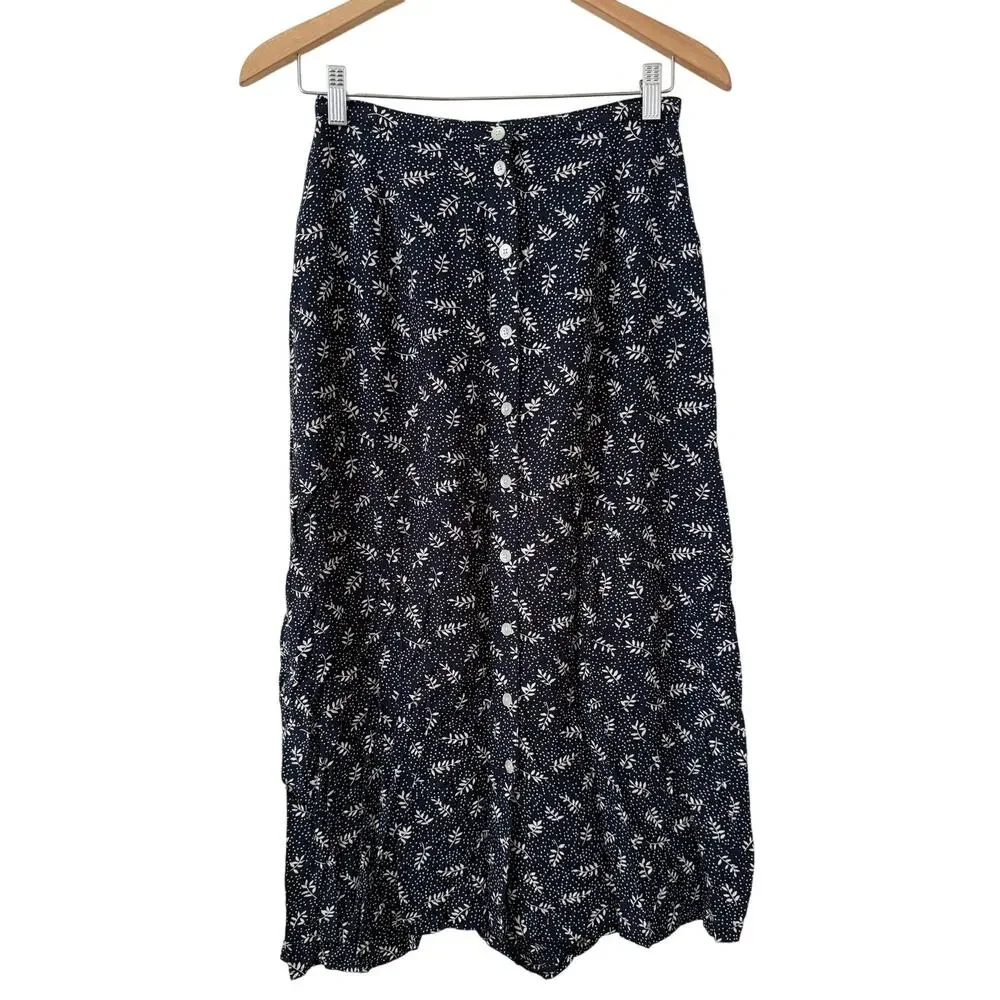 Eddie Bauer Navy Blue Leaf Print Midi Button Skirt Size 8 Vintage Cottage Retro
